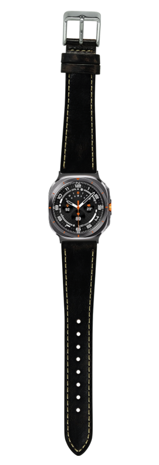 Black leather vintage watch strap with white contrast stitching and silver buckle, displaying watch face with orange accents