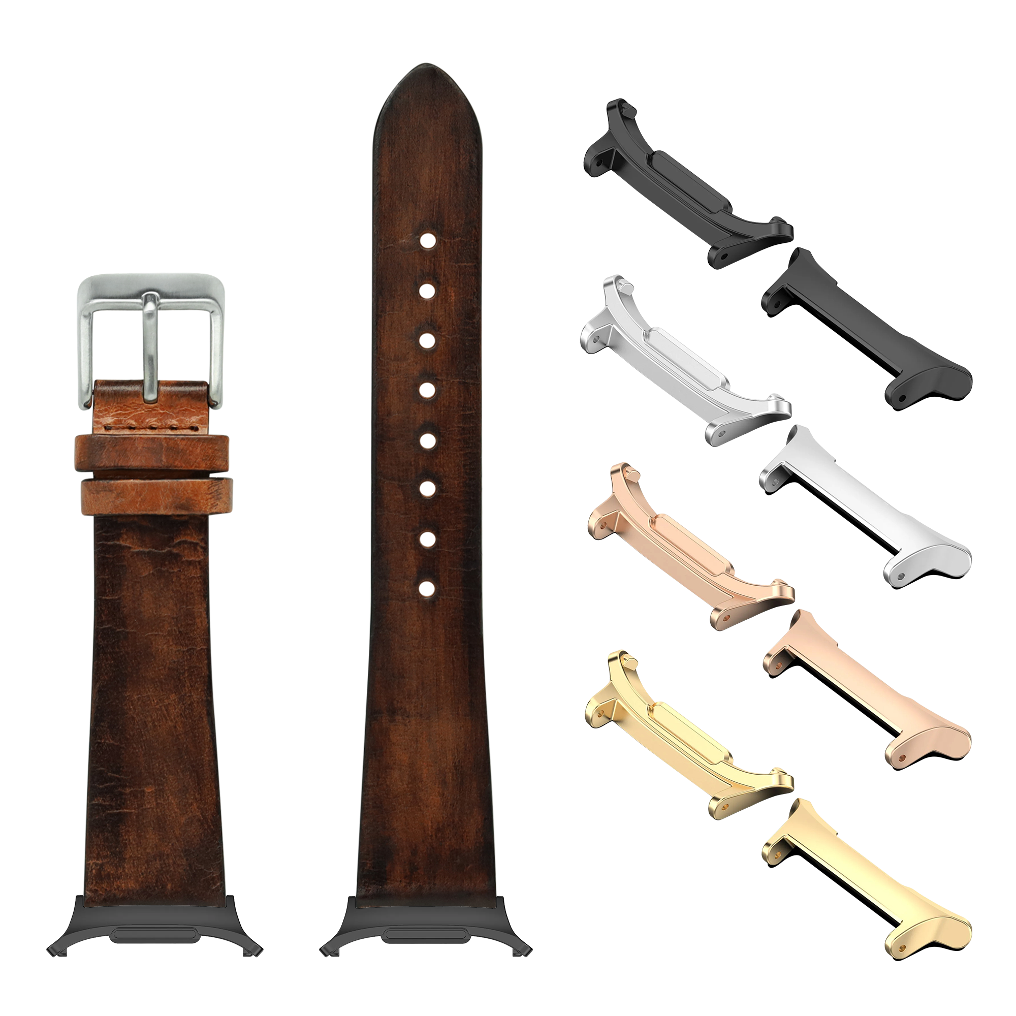 Vintage smoked brown leather watch band with silver buckle, wooden strap, and interchangeable metal lugs in black, silver, rose gold, and gold finishes