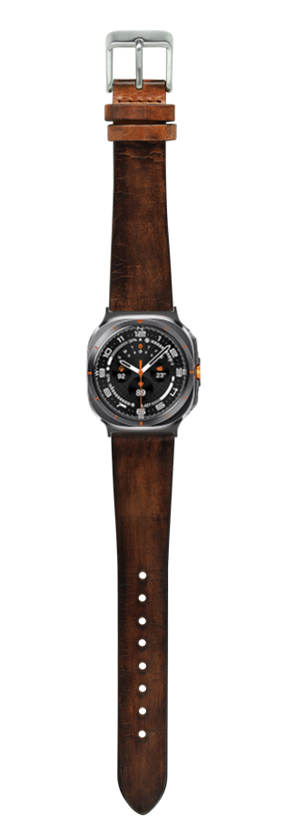Vintage smoked brown leather watch strap with silver buckle and black dial sports watch