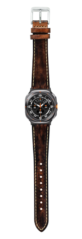 Vintage smoked brown leather watch strap with contrast stitching and silver buckle for Galaxy Watch 8 Ultra