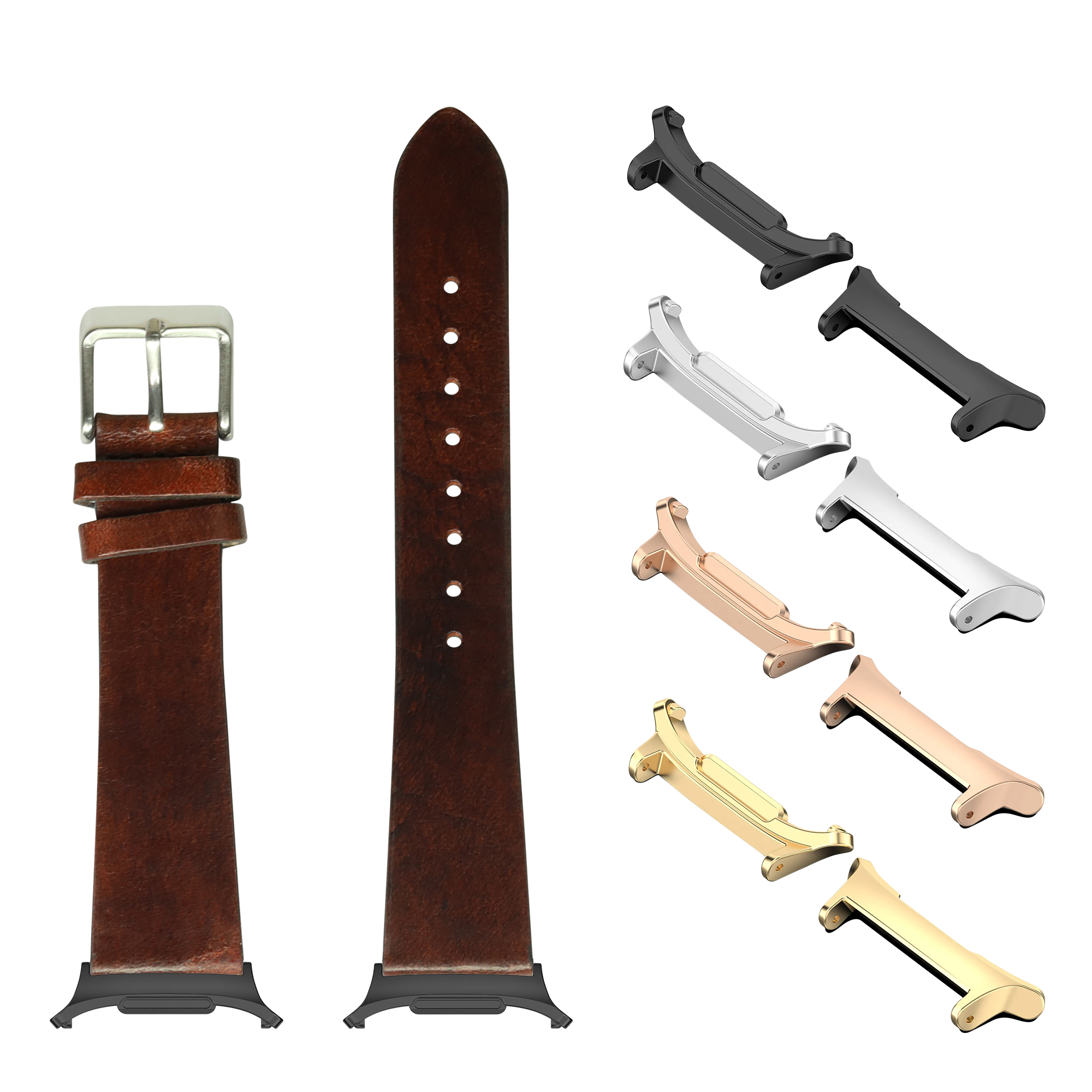 Vintage smoked dark brown leather watch band with silver buckle, shown with multiple metal connector lugs in black, silver, rose gold, and gold finishes for Galaxy Watch compatibility