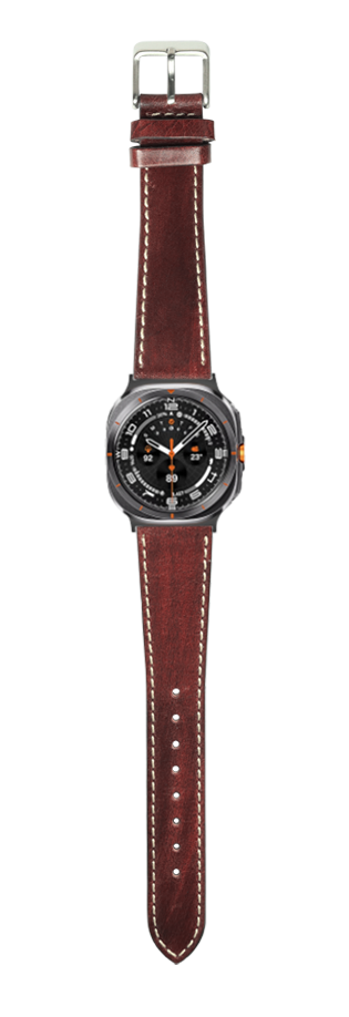 Men's smartwatch with dark gunmetal case, black dial, orange accents, and burgundy leather strap with white contrast stitching