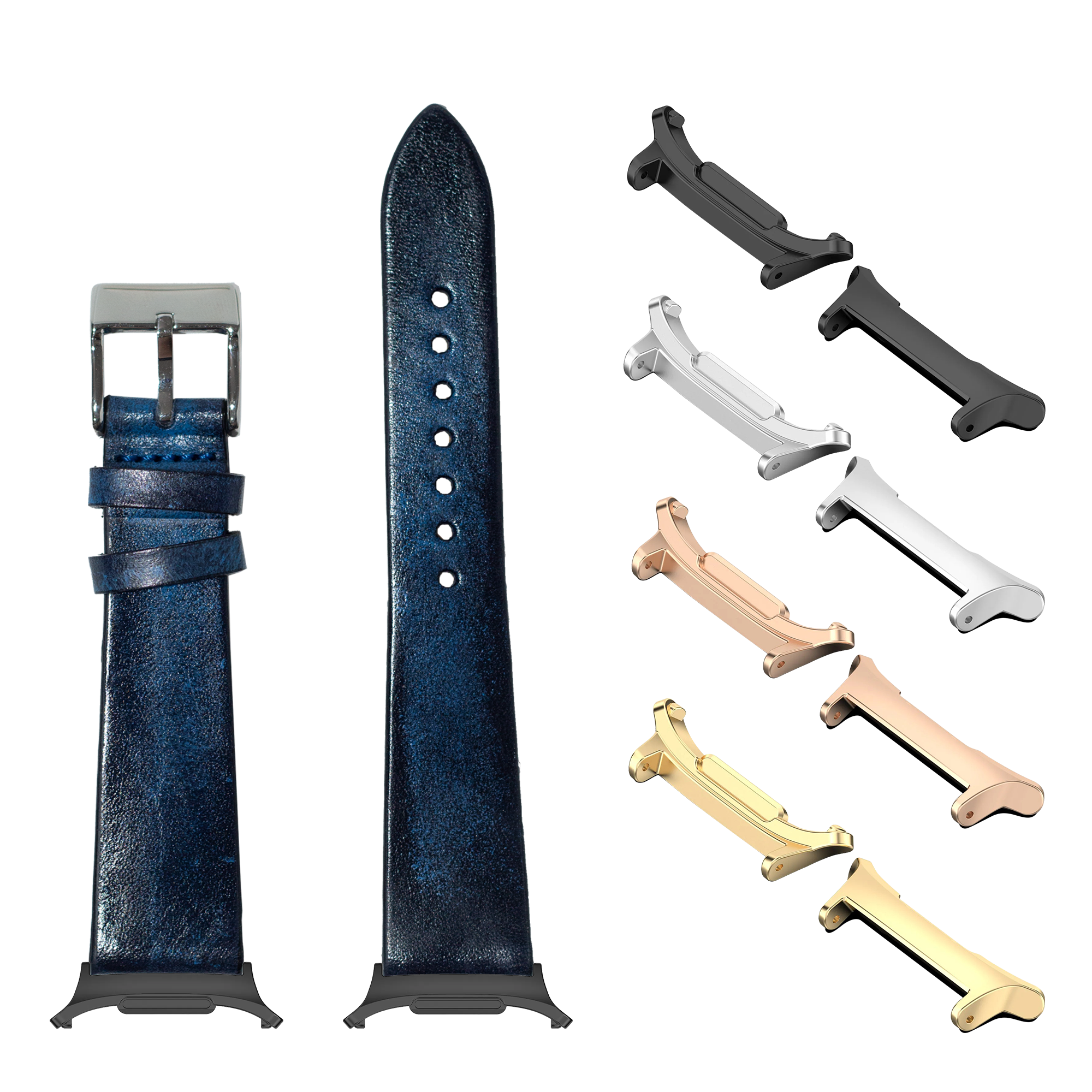 Vintage smoked navy blue leather watch band with interchangeable metal lugs in multiple finishes including black, silver, rose gold, and gold