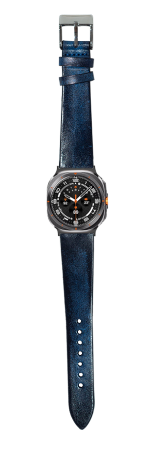 Vintage smoked navy blue leather watch band with gunmetal case, black dial, and orange accents on stainless steel buckle