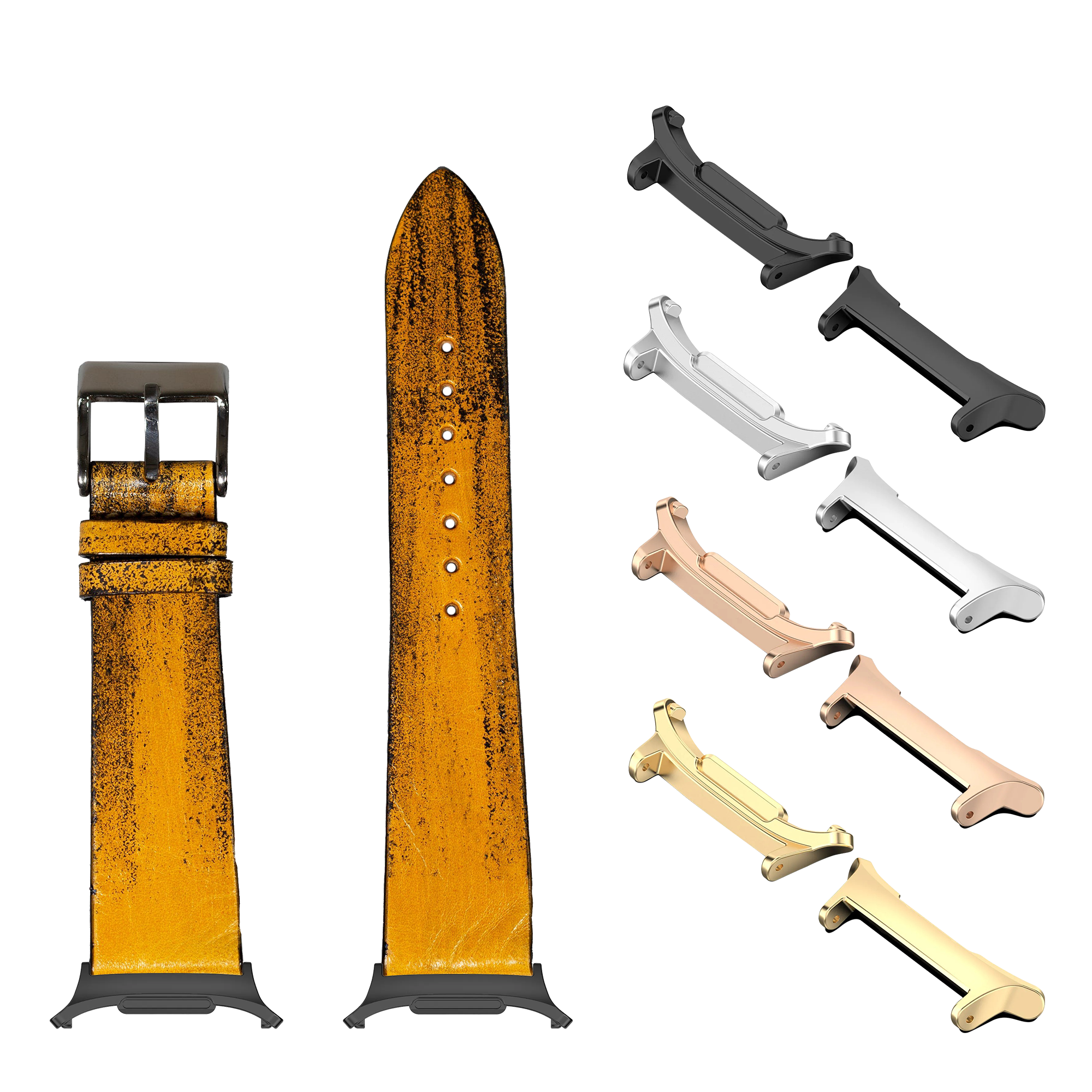 Vintage smoked yellow leather watch band with matching buckle, interchangeable lugs in multiple metal finishes, and included replacement straps for customization
