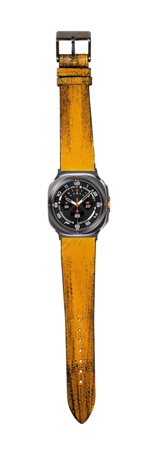 Vintage smoked yellow leather watch band with gunmetal square case and black chronograph dial on white background