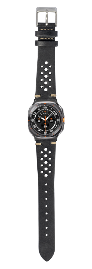 Black perforated leather vintage rally watch strap with orange accents and silver buckle for Galaxy Watch 8 Ultra