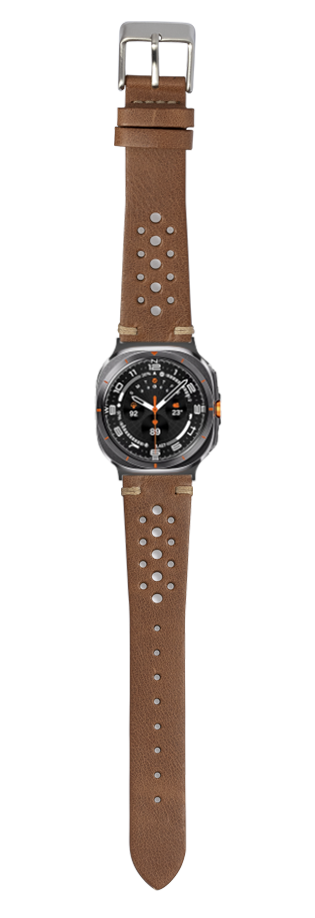 Brown vintage leather watch strap with metal studs and stainless steel buckle for Galaxy Watch