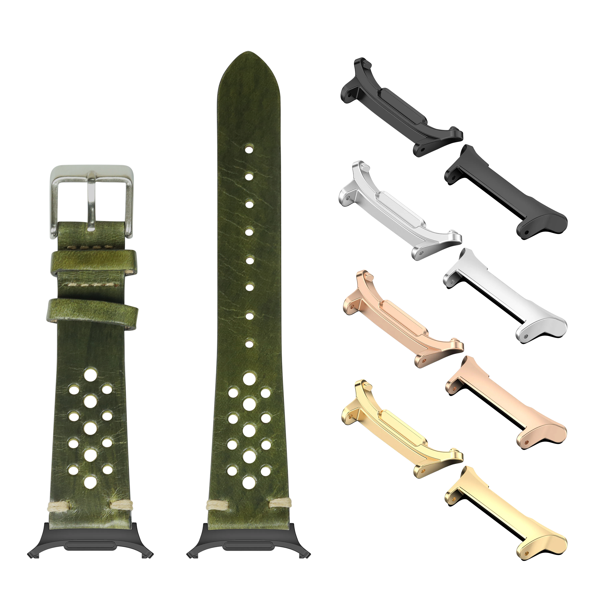 Vintage Rally Burnished Amazon Green leather watch band with metal studs, shown with matching buckle and multiple metal lugs in black, silver, rose gold and gold finishes