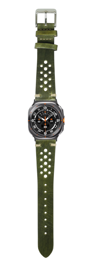 Vintage Rally leather smartwatch with burnished Amazon green perforated band, black dial, orange accents, and metal buckle closure