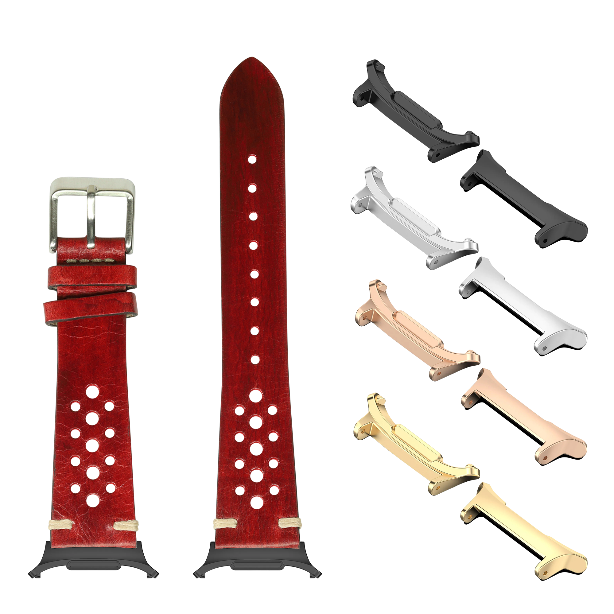 Burnished red leather watch band with silver buckle and interchangeable metal lugs in black, silver, rose gold, and gold finishes
