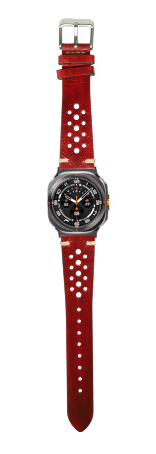 Vintage Rally Burnished Red leather watch band with perforated design and silver buckle on Galaxy Watch display