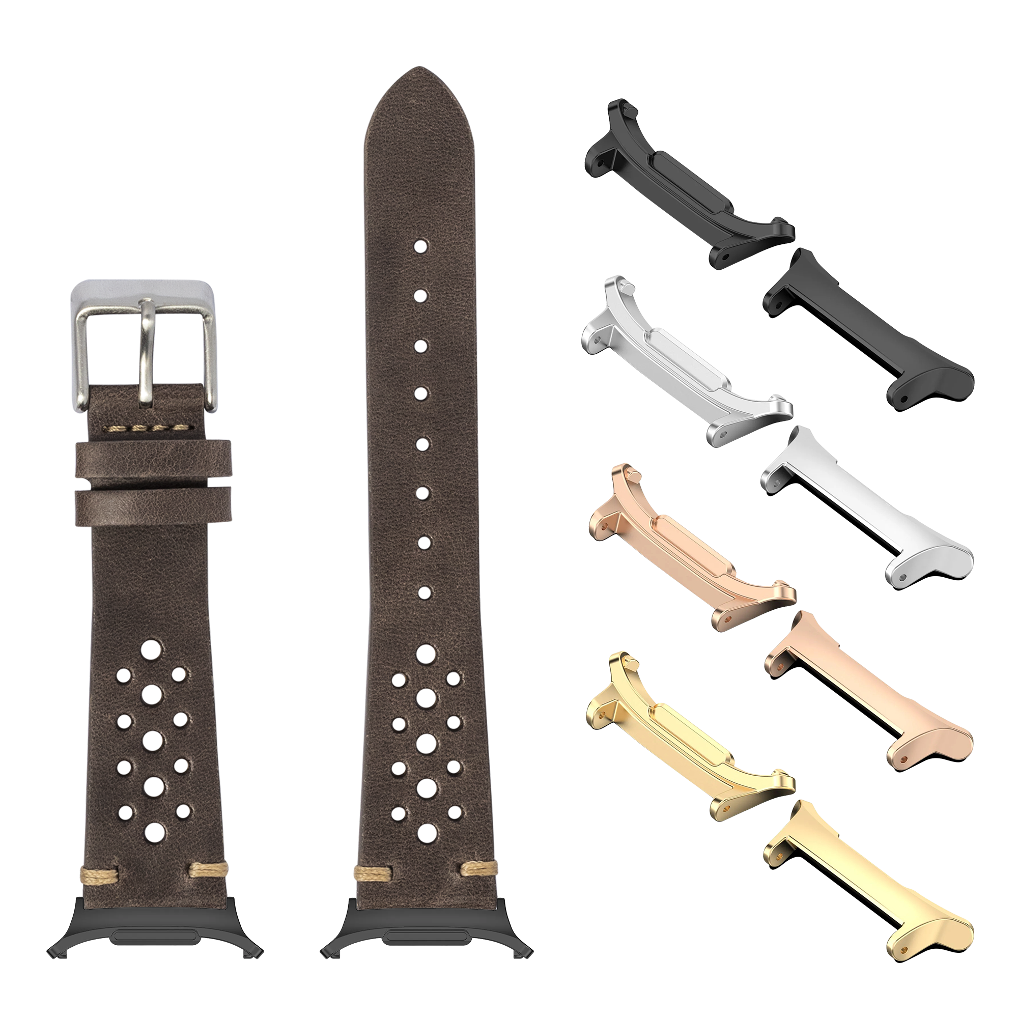 Vintage Rally dark brown leather watch band with metal buckle, interchangeable lugs in silver, rose gold, and gold finishes for Galaxy Watch 8 Ultra