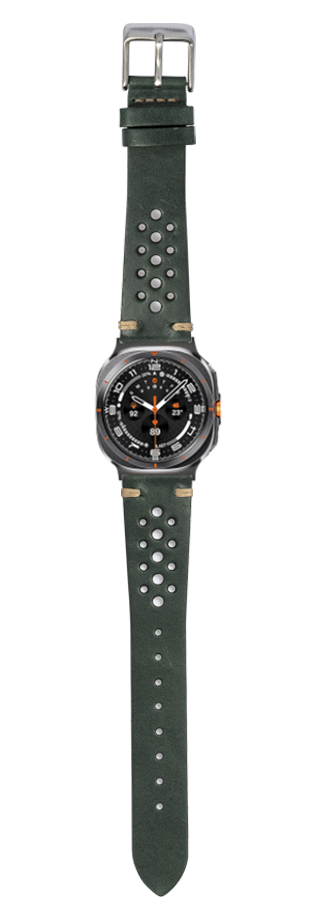 Vintage Rally forest green leather watch band with metal studs and buckle for Galaxy Watch 8 Ultra
