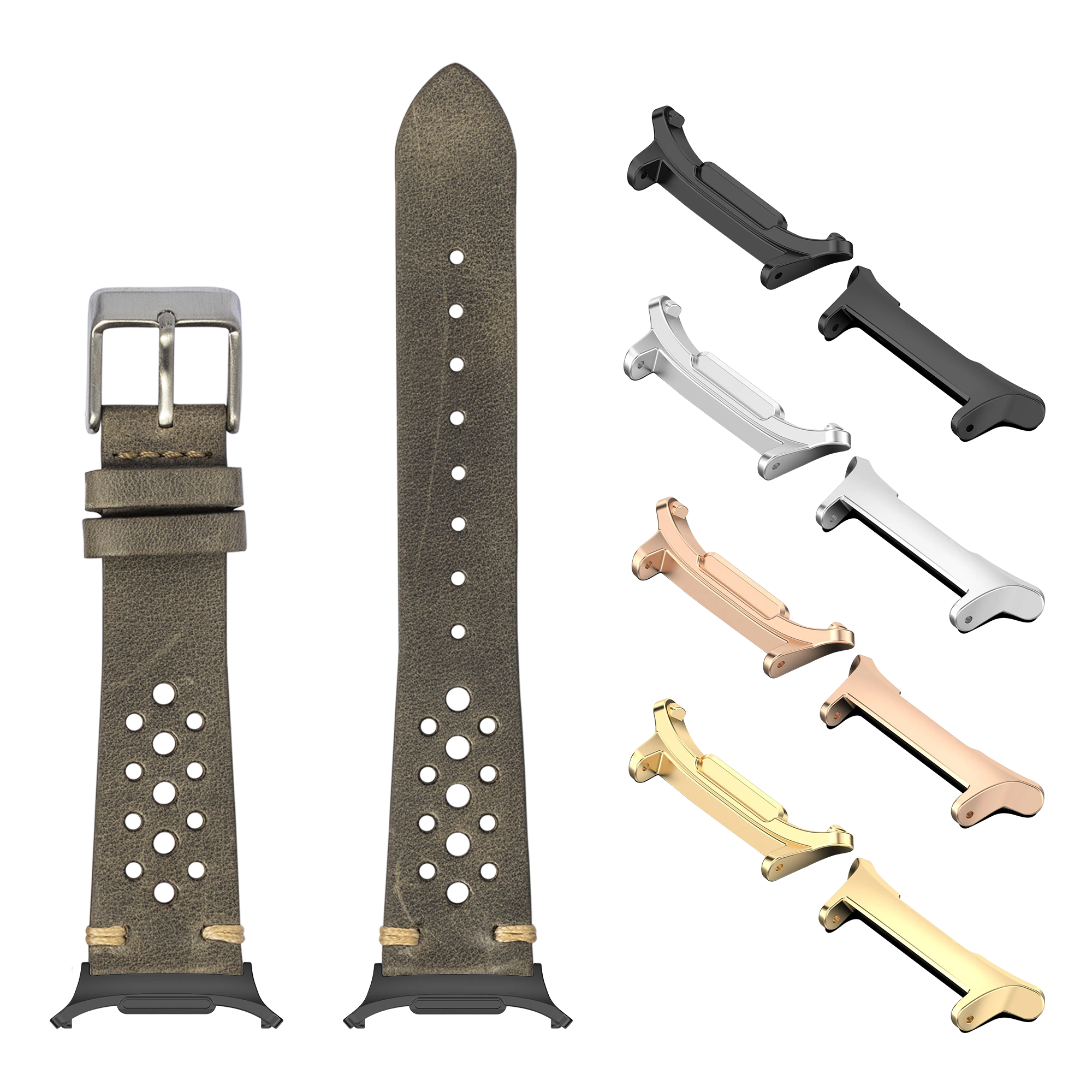 Vintage Rally grey leather watch band with perforated design, interchangeable metal lugs in multiple finishes, and buckle included