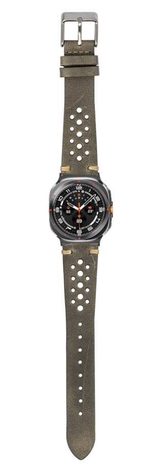 Vintage grey leather perforated watch strap with stainless steel buckle and round black watch face with orange accents