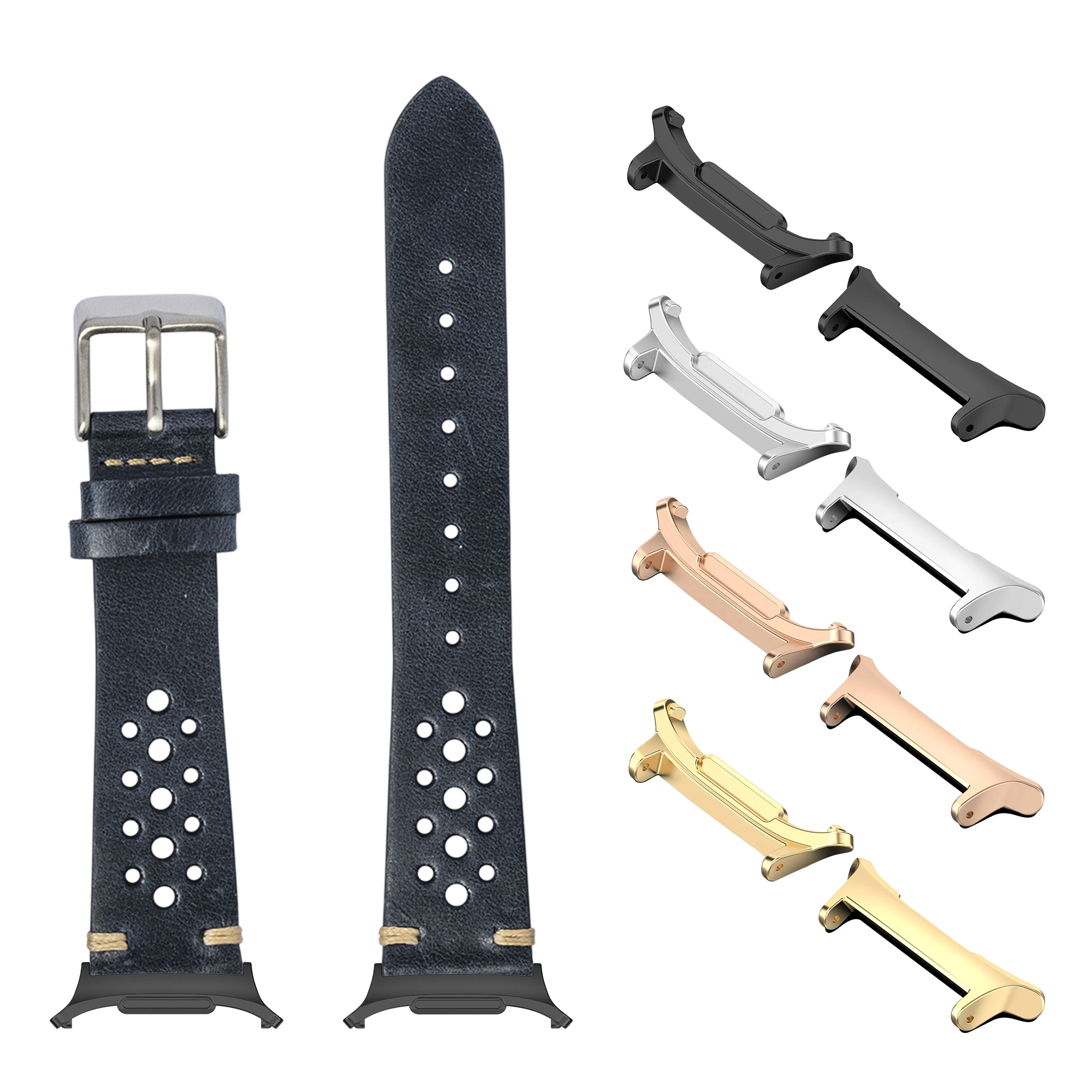 Vintage Rally navy leather watch band with perforated design, metal buckle, and interchangeable lugs in multiple finishes for Galaxy Watch