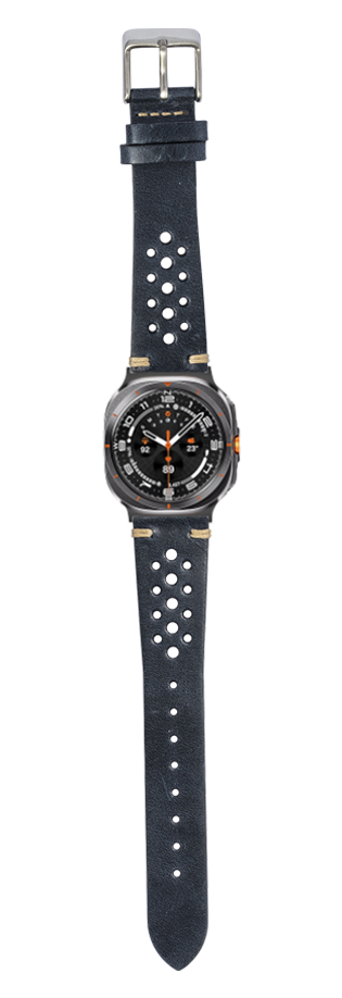 Vintage Rally Navy Blue leather watch band with perforated details and stud accents, silver buckle, fits Galaxy Watch 8 Ultra