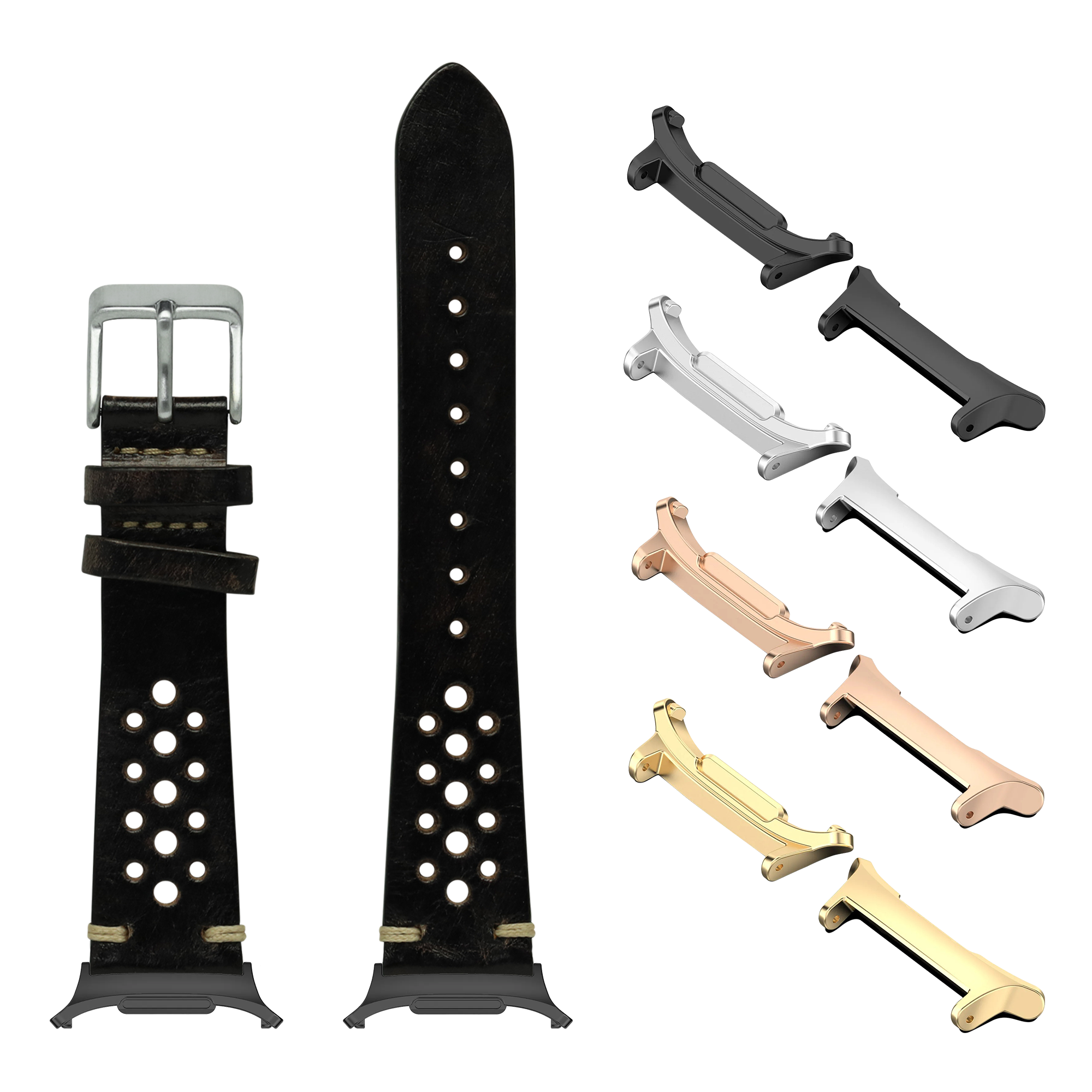 Vintage Rally leather watch band in smoked black with perforated design, silver buckle, and multiple metal lugs in black, silver, rose gold, and gold finishes