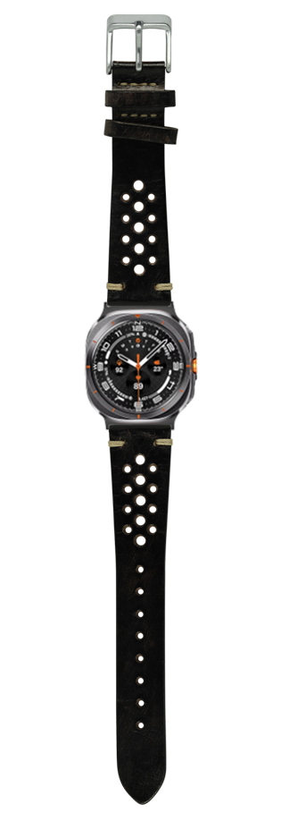 Black leather watch band with white perforations and metal hardware for Galaxy Watch, vintage rally style design