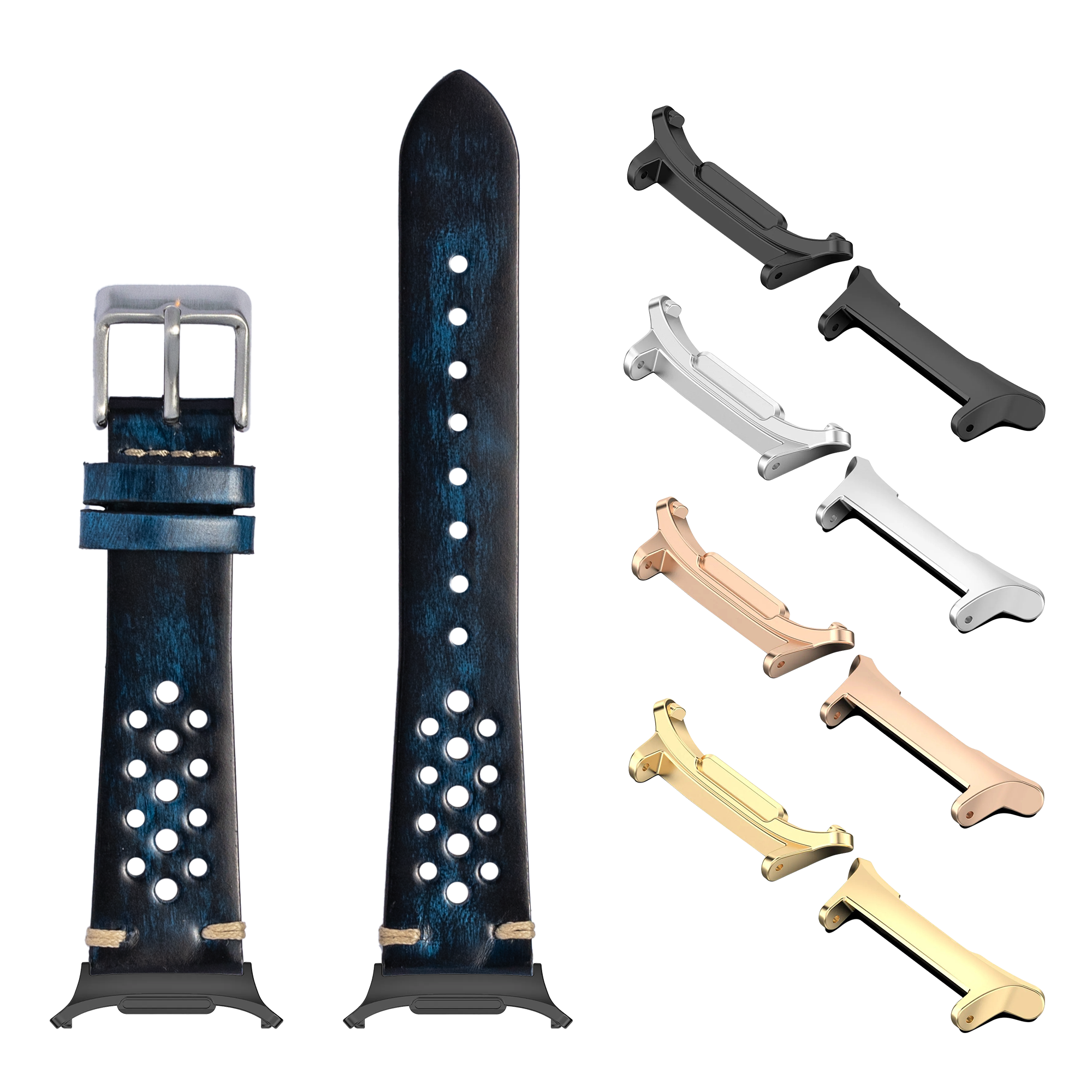 Vintage Rally smoked blue leather watch band with interchangeable metal lugs in silver, gold, rose gold, and black finishes for Galaxy Watch 8 Ultra