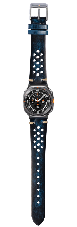 Vintage Rally leather smartwatch band in smoked blue with silver stud details and metal accents, displayed on black dial watch