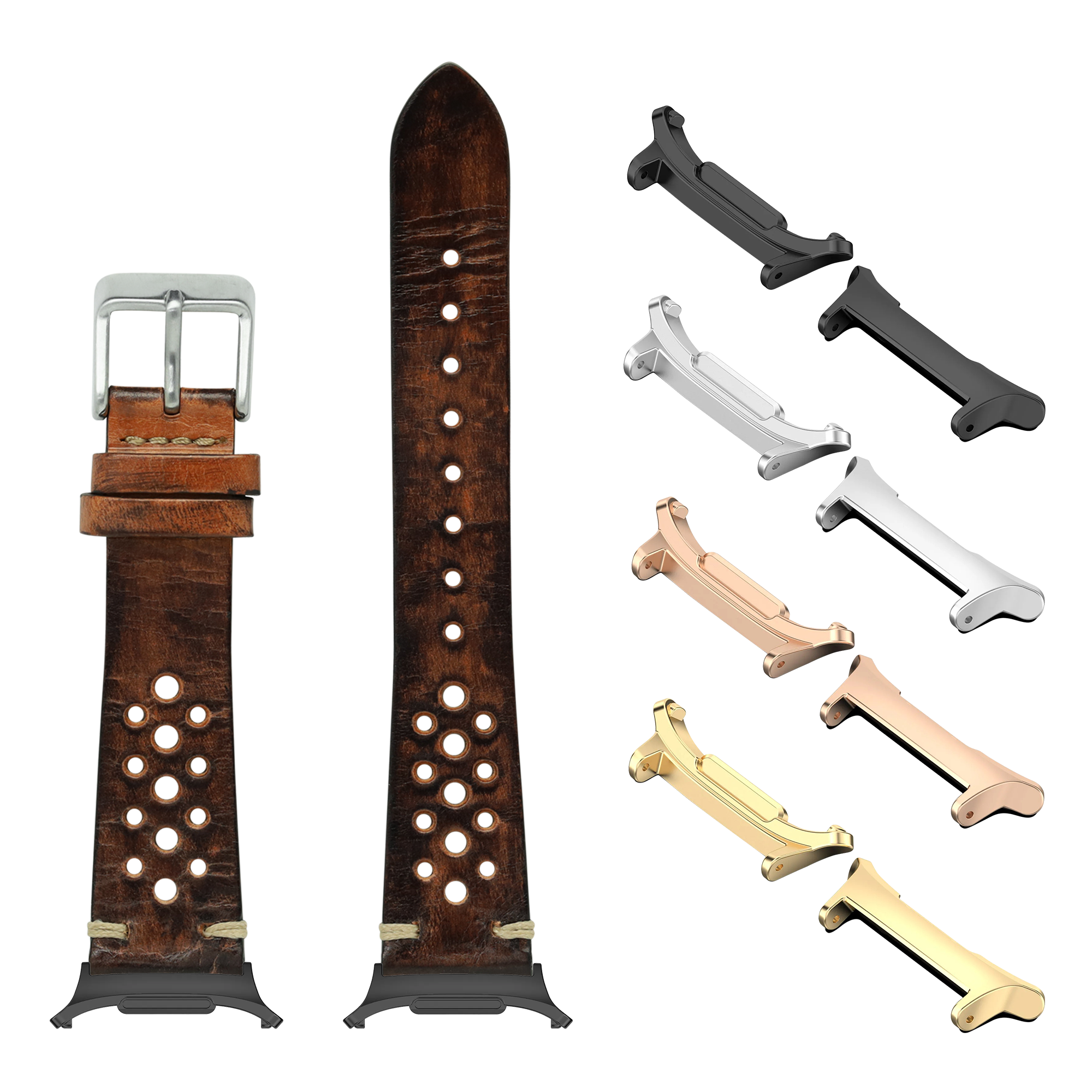 Vintage Rally smoked brown leather watch band with metal studs, shown with multiple metal lugs in silver, black, rose gold, and gold finishes