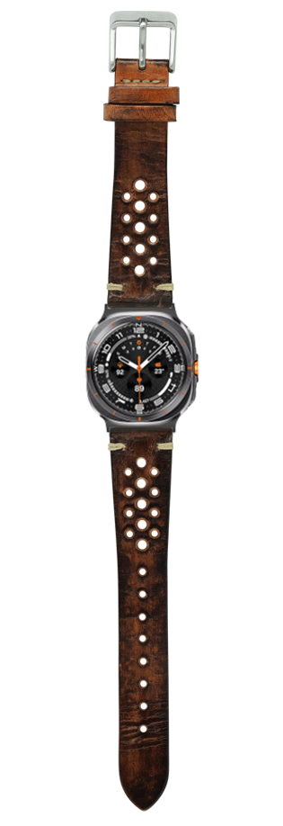 Vintage Rally leather watch band in smoked brown with metal studs and silver buckle for Galaxy Watch 8 Ultra