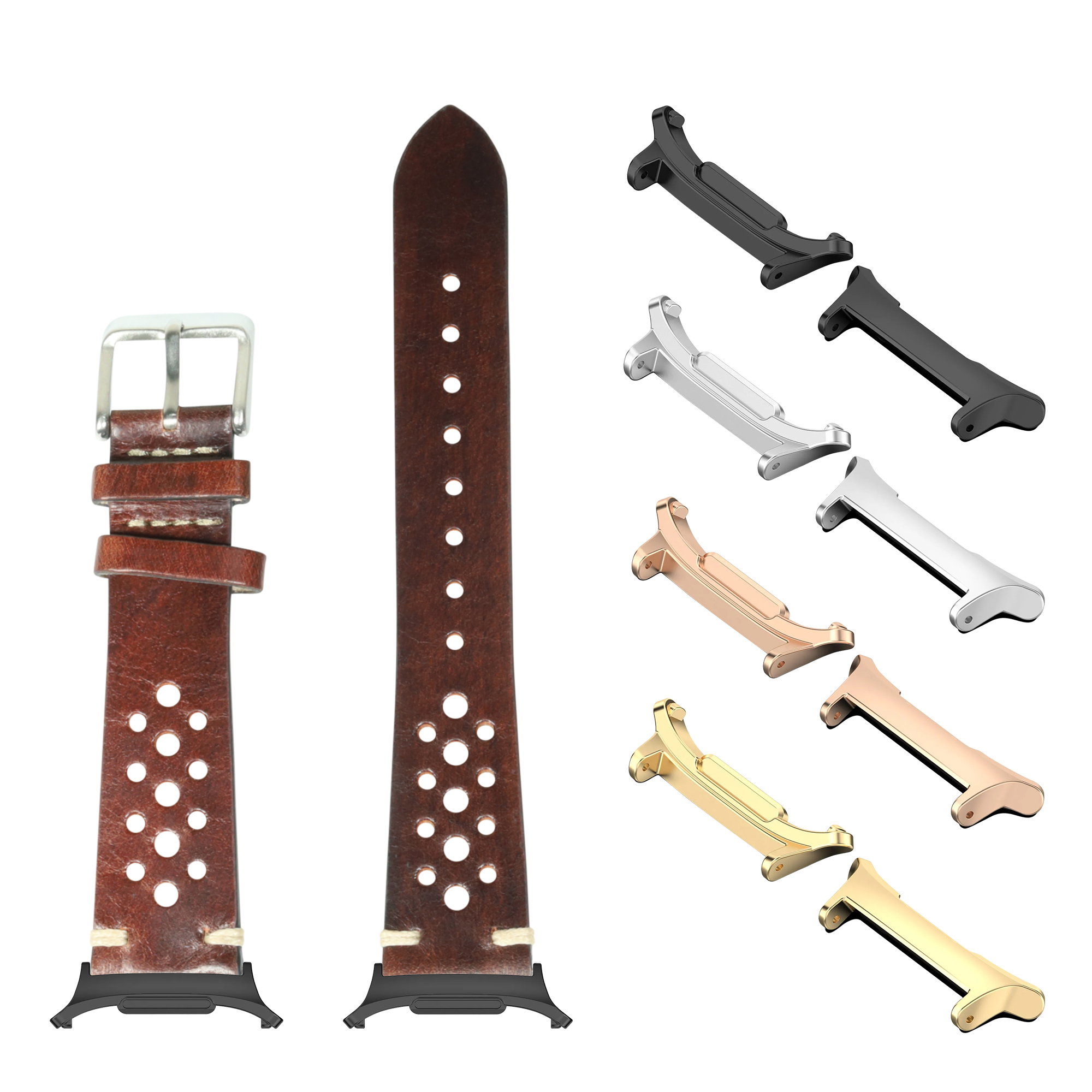 Vintage Rally leather and metal watch bands for Galaxy Watch in smoked dark brown with perforated design and multiple finish options