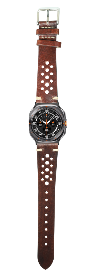 Vintage Rally smoked dark brown leather watch band with perforated holes and silver buckle for Galaxy Watch 8 and Ultra