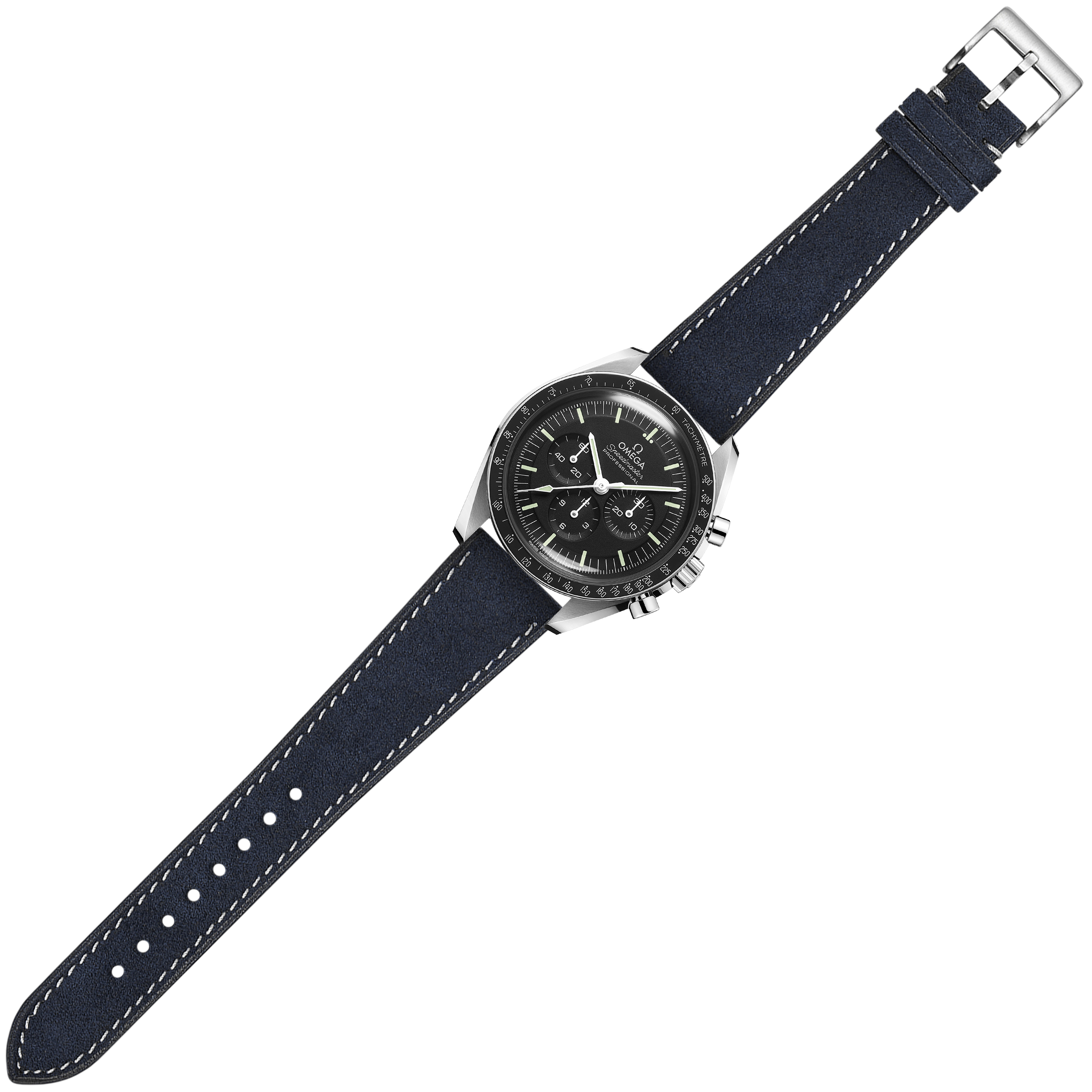 Navy blue Alcantara leather watch strap with white stitching and quick release buckle for chronograph watches