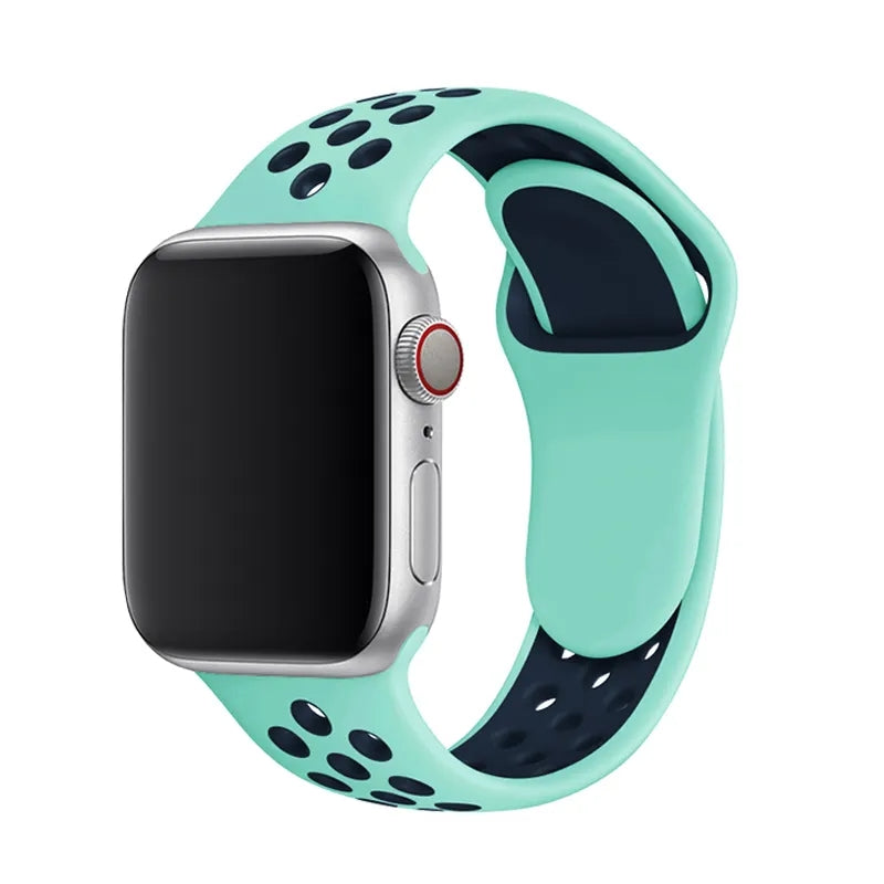 Silver smartwatch with mint green and black perforated silicone sport band