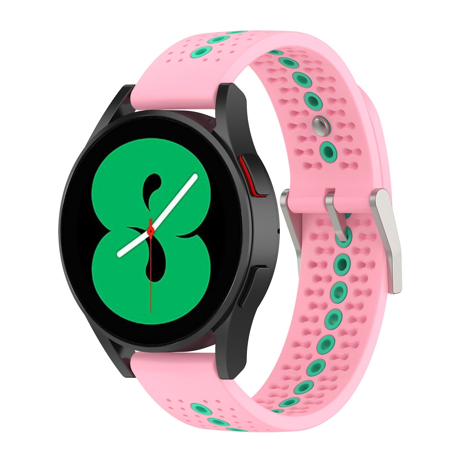 Pink silicone sports band with green ventilation holes and quick release watch strap for active wear