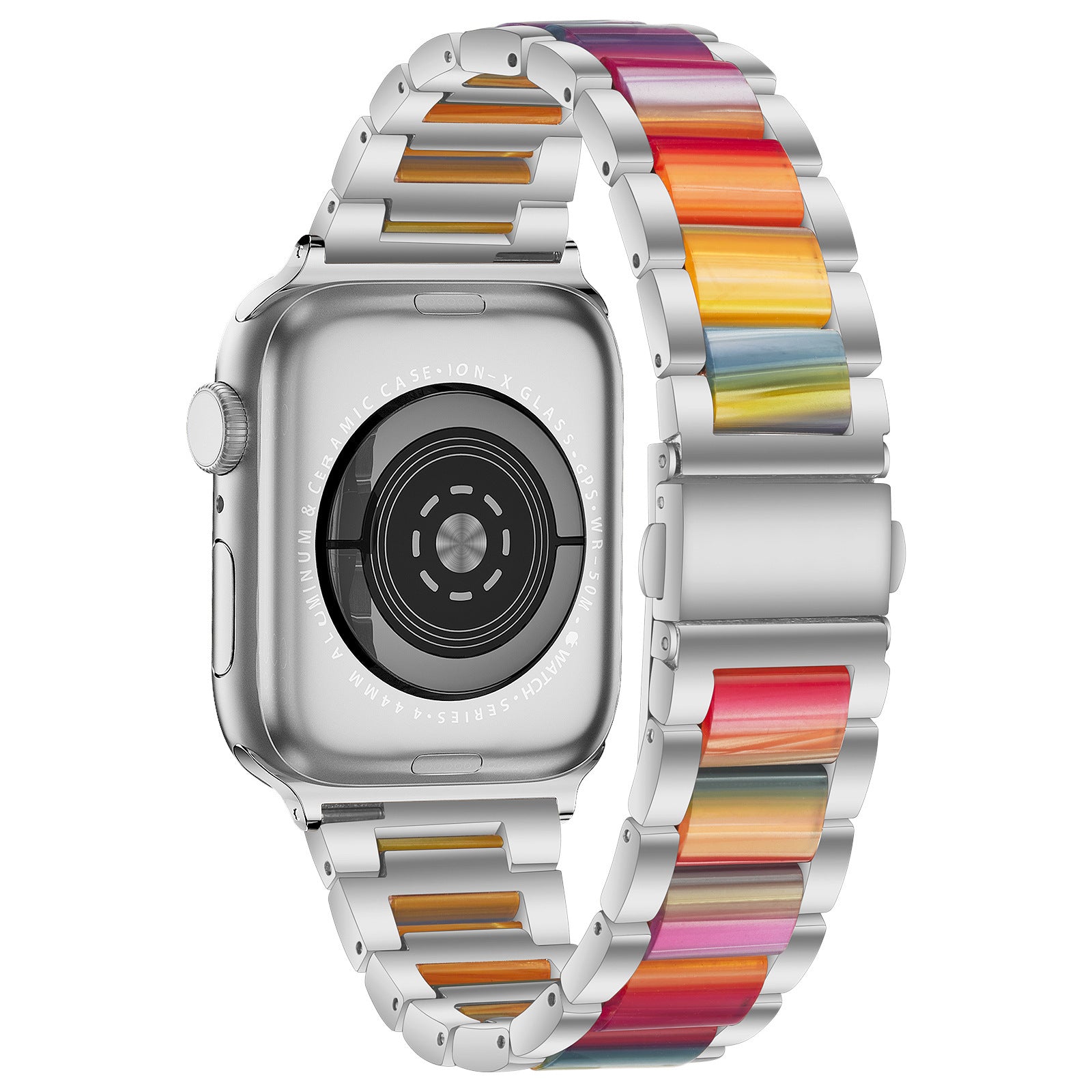 Silver stainless steel smartwatch with pearlescent rainbow gradient metal bracelet band
