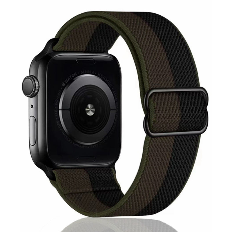 Black stainless steel Apple Watch Series 8 with woven olive and black elastic loop band