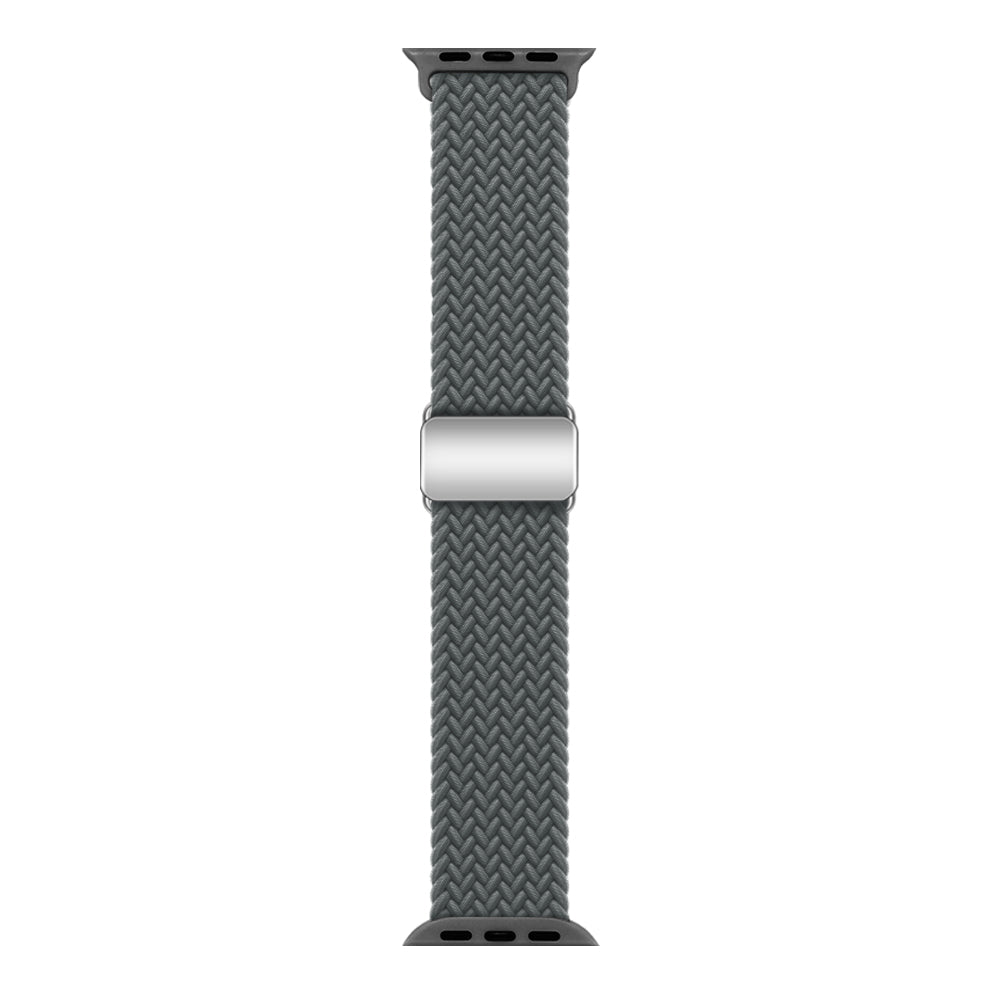 Gray braided nylon Apple Watch band with magnetic clasp and aluminum connector for secure wrist fit