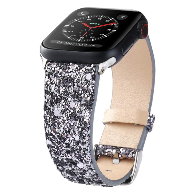 Black and white glitter smartwatch band with leather backing for Apple Watch, weather display face