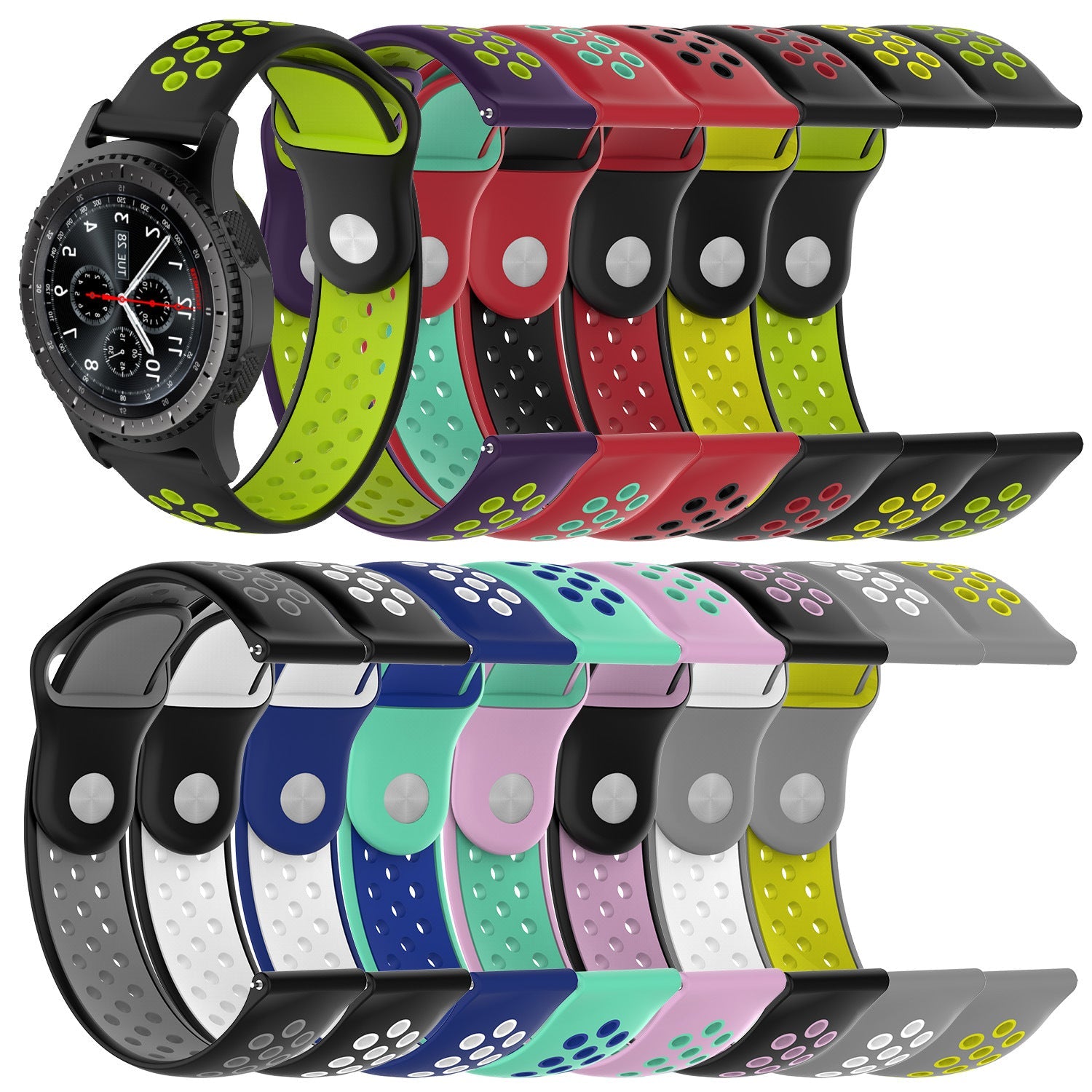 Quick Release silicone sports watch bands in multiple colors with perforated design and metal connectors for 18mm watches