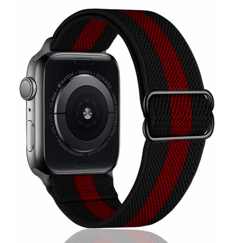 Apple Watch Series 4 with black and red striped elastic loop band on white background