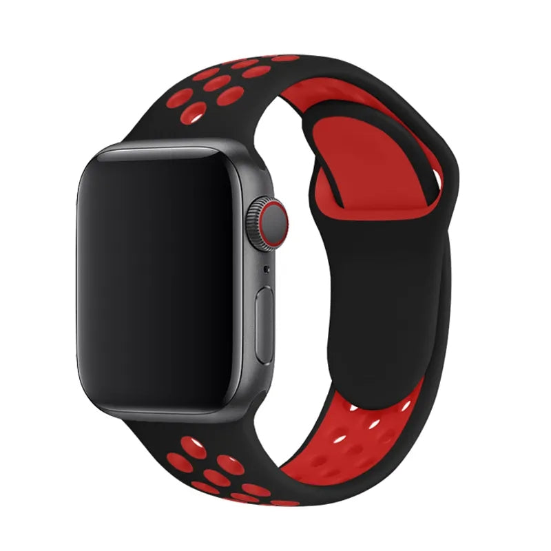 Black and red silicone sport band for Apple Watch with perforated ventilation holes and dual-tone design