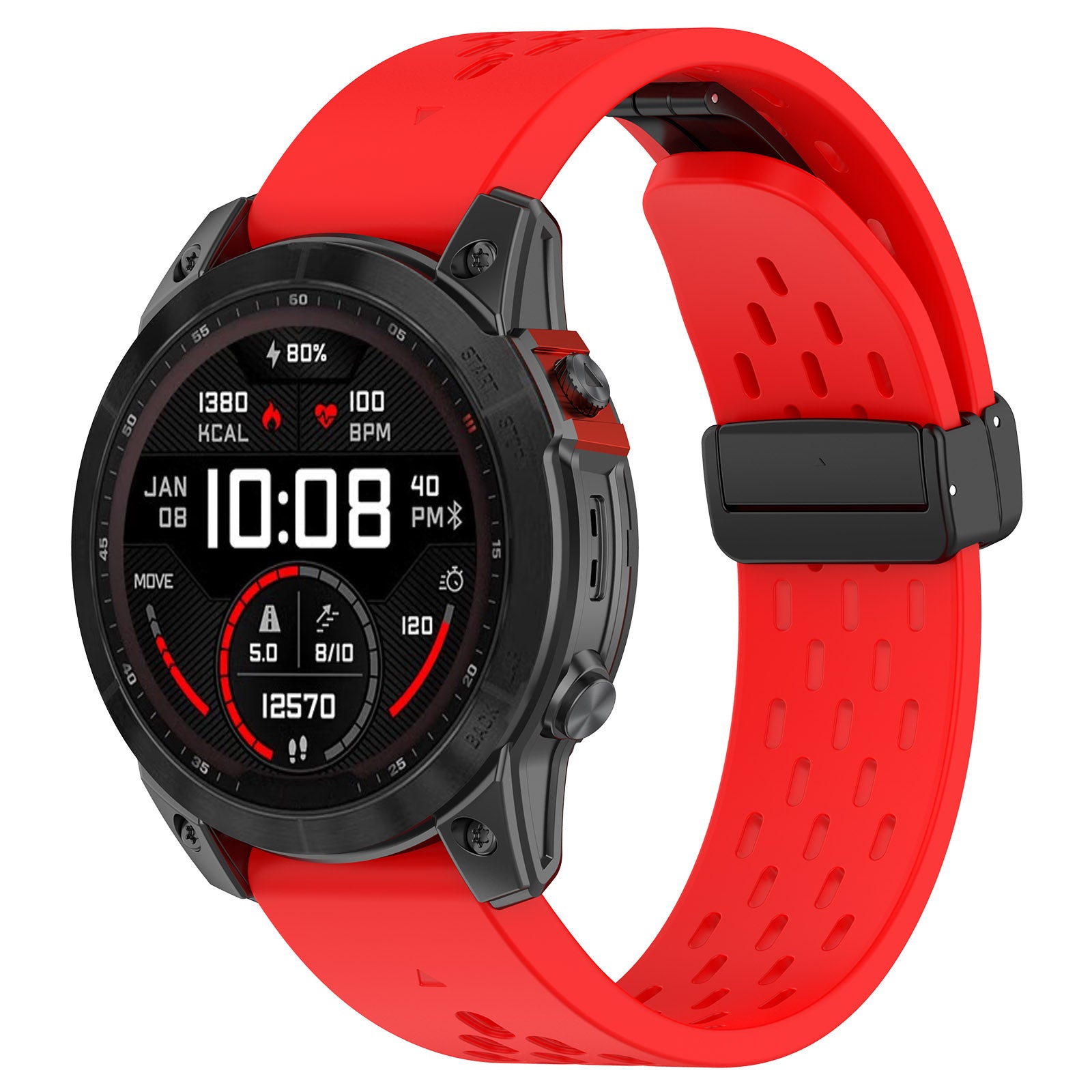 Red silicone sports watch band with magnetic clasp for smartwatch, textured grip design
