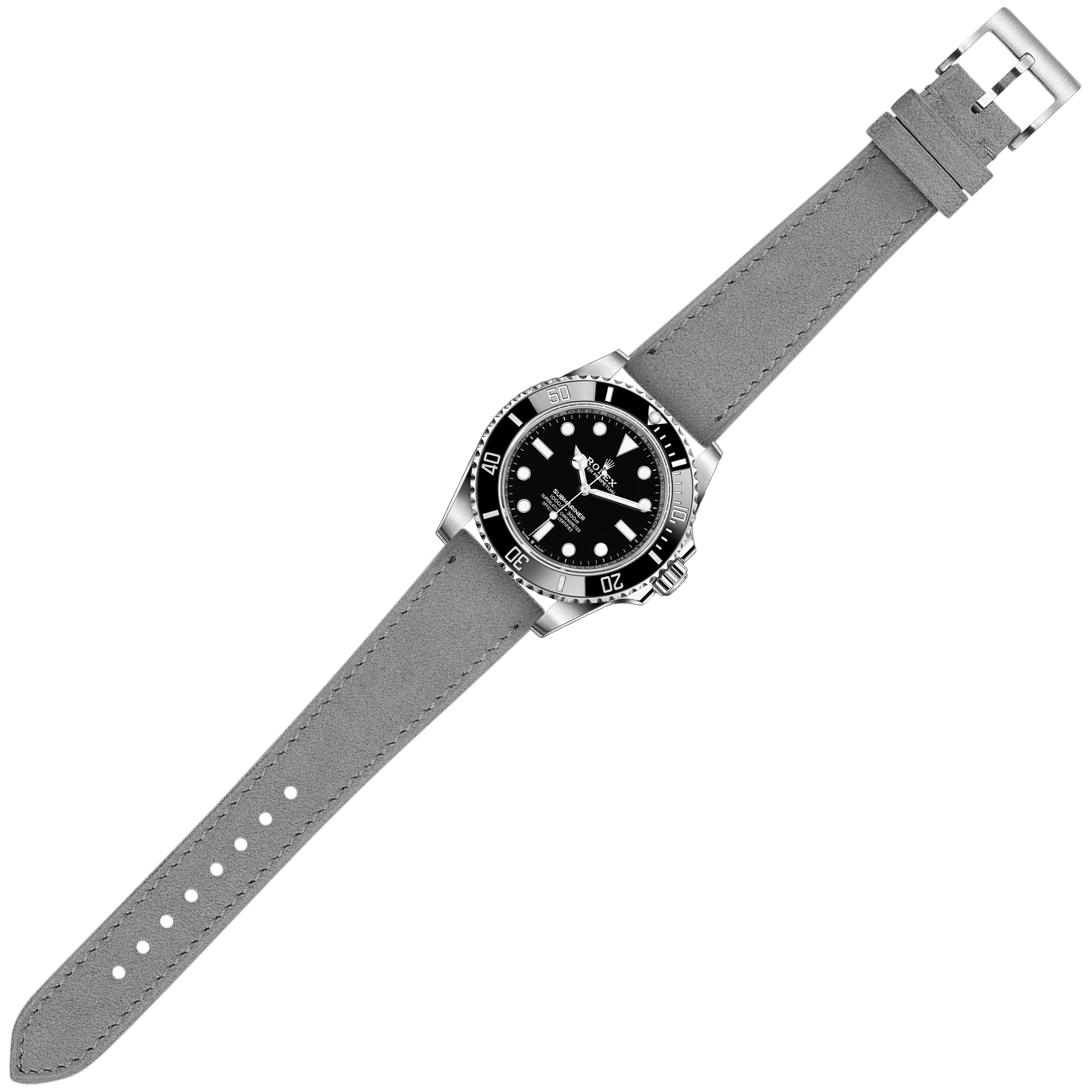 Stainless steel dive watch with black dial on grey suede quick release leather strap and buckle