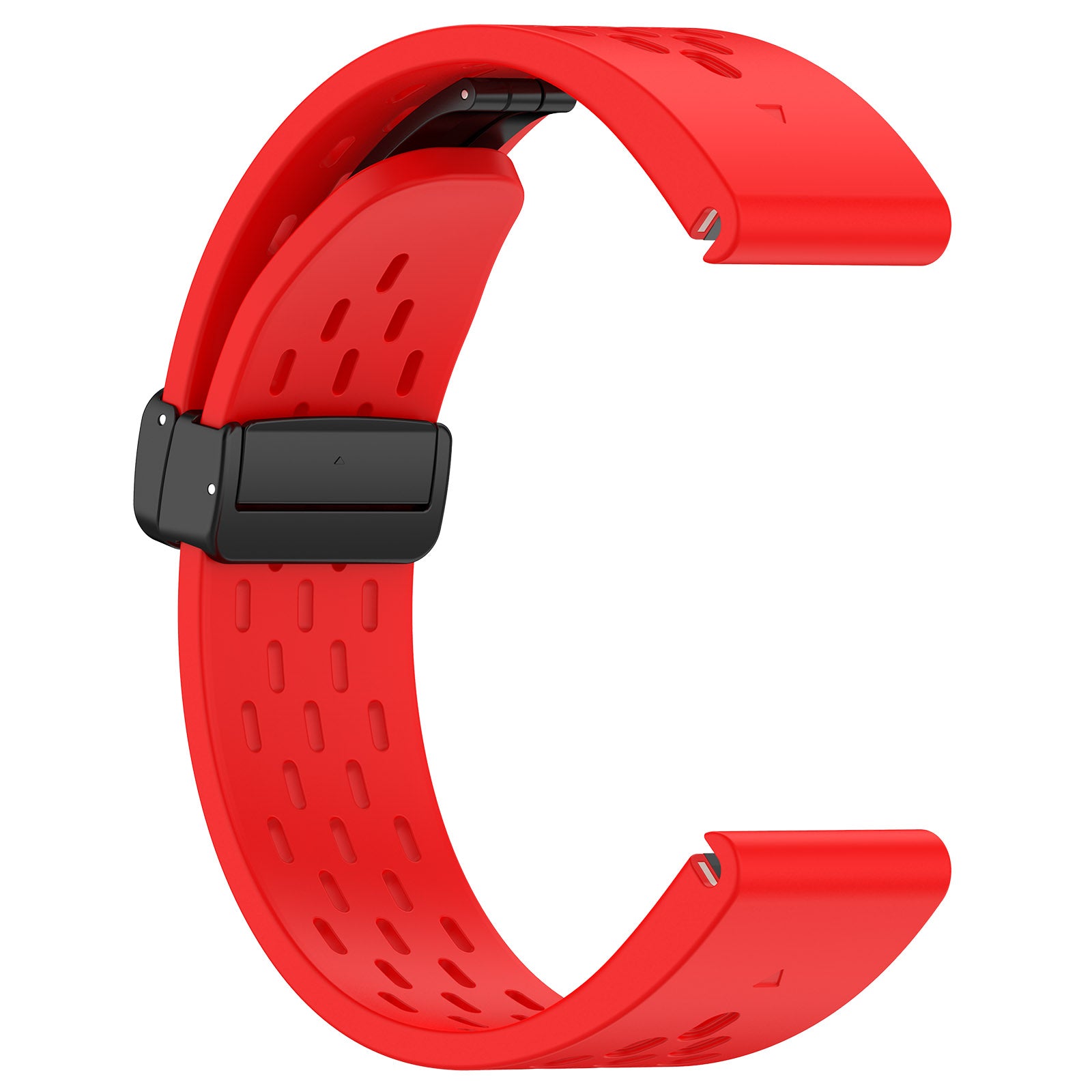 Red silicone smartwatch band with perforated design and magnetic clasp closure, compatible with fitness trackers