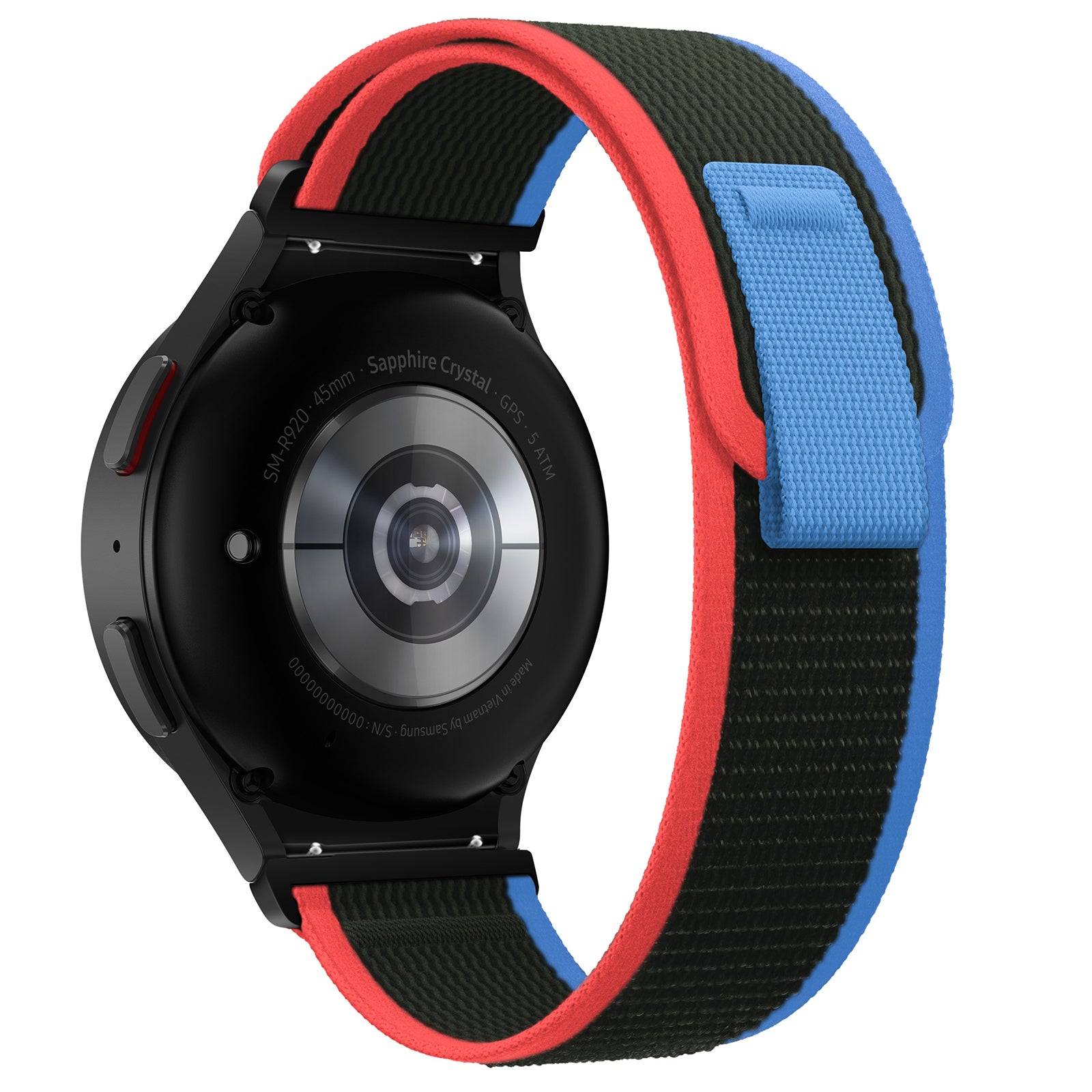 Galaxy Watch 4-7 Trail Loop with red, blue and black fabric band and black case with sapphire crystal