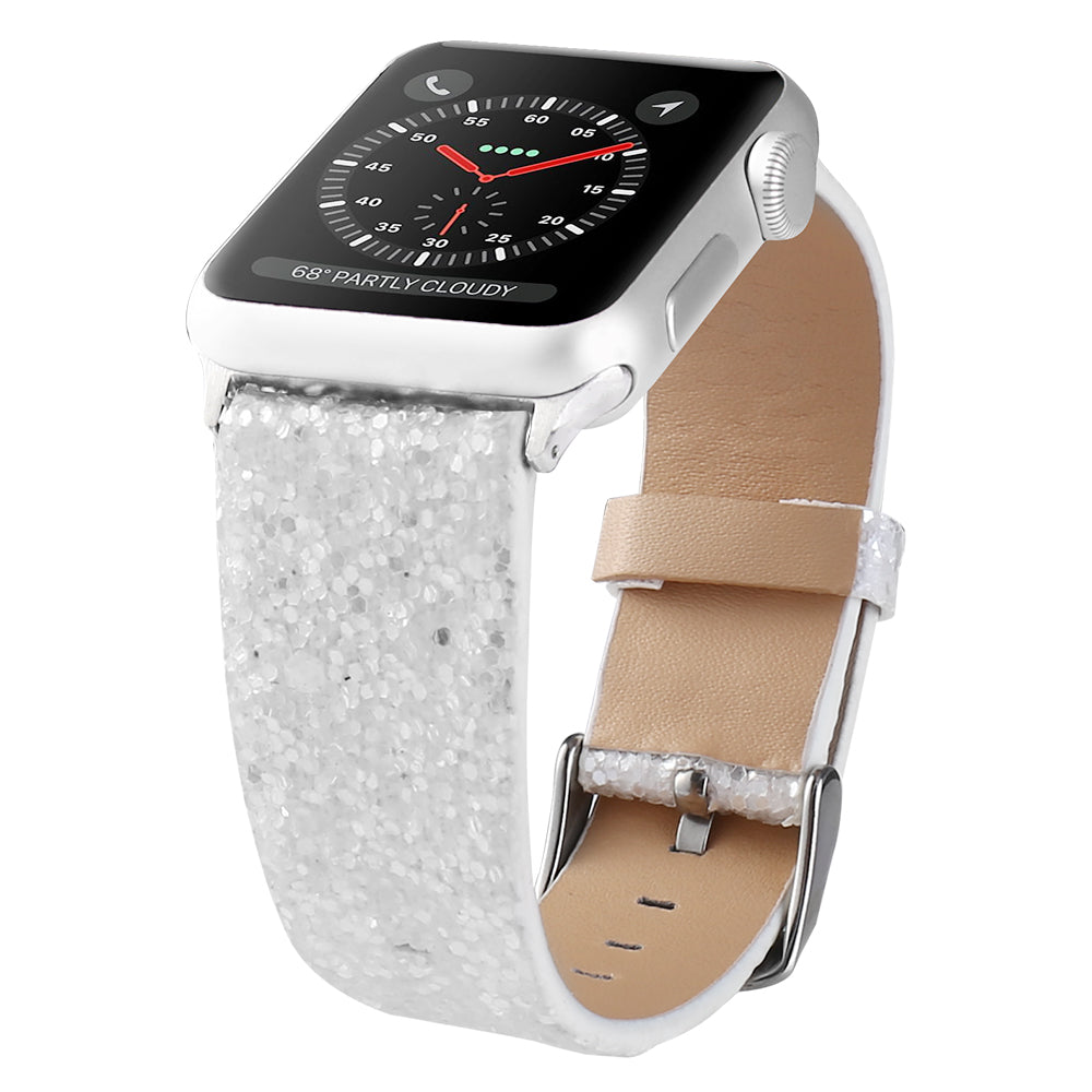 White glitter smartwatch band with tan leather backing for Apple Watch, stainless steel connectors