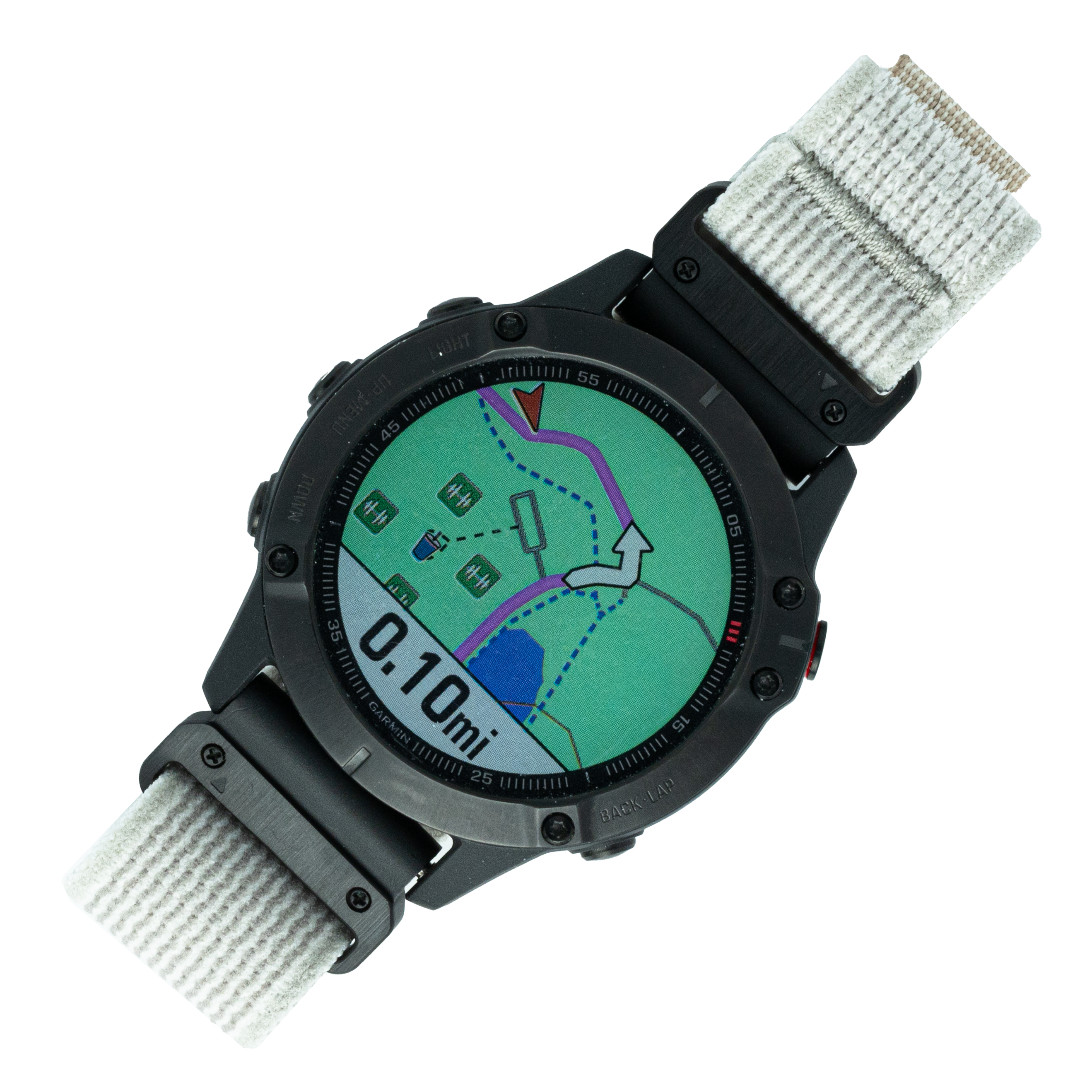 Black sports smartwatch with gray fabric band displaying GPS trail map and 0.10mi distance on green screen