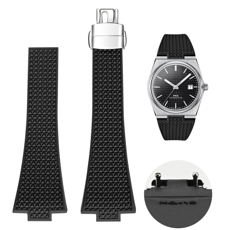 Black FKM rubber strap with textured pattern for Tissot PRX 35 watch, including folding clasp and replacement band
