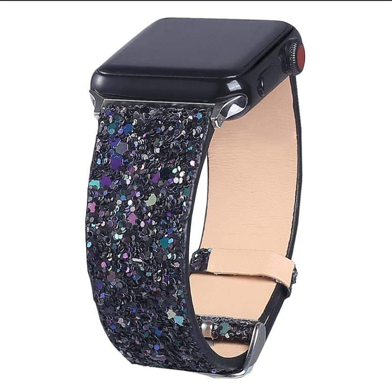 Black glitter smartwatch band with colorful sequins, tan leather back, compatible with Apple Watch models