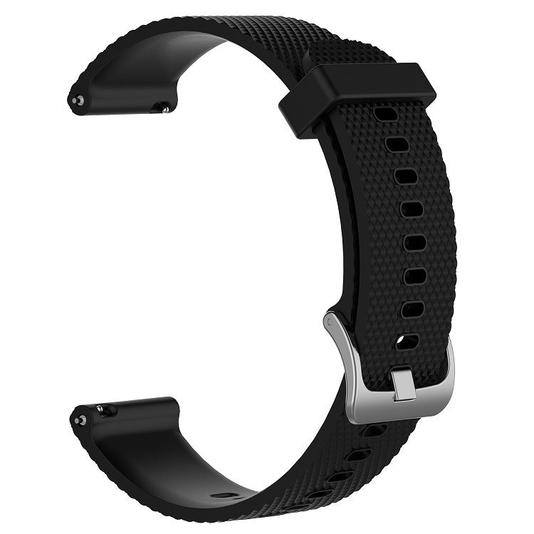 Black silicone quick release smartwatch band with textured pattern and silver buckle closure