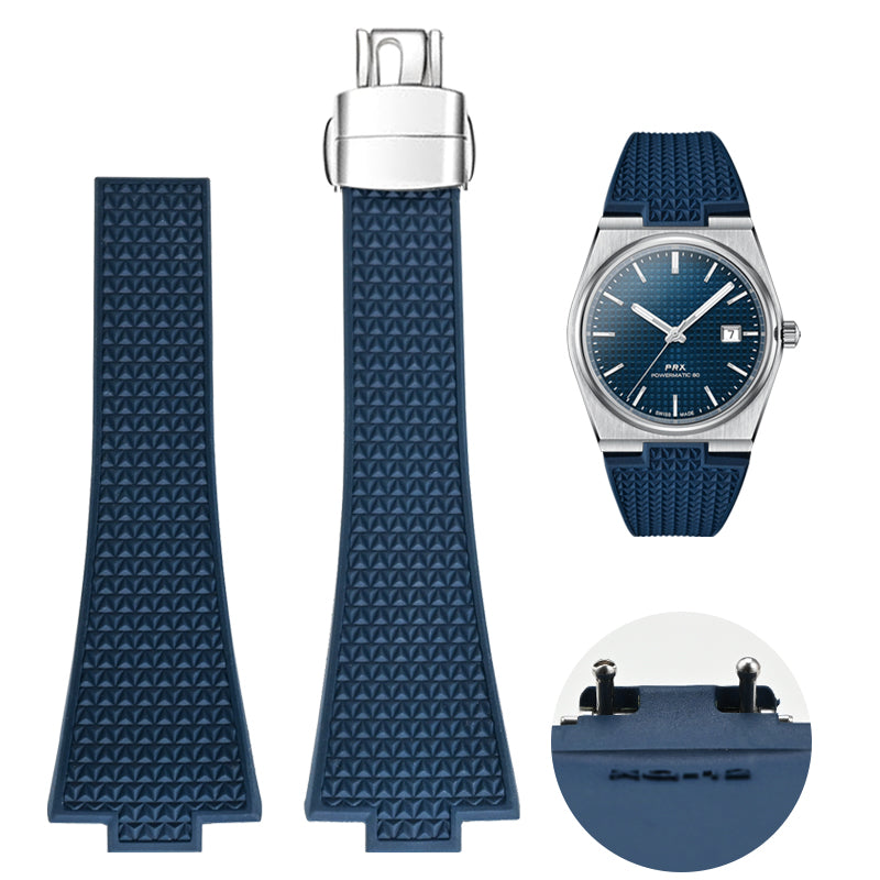 Navy blue rubber watch strap with folding clasp for Tissot PRX 35, shown attached to stainless steel watch and displayed separately